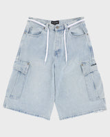 Light blue denim cargo shorts on a white background