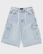 Light blue denim cargo shorts on a white background